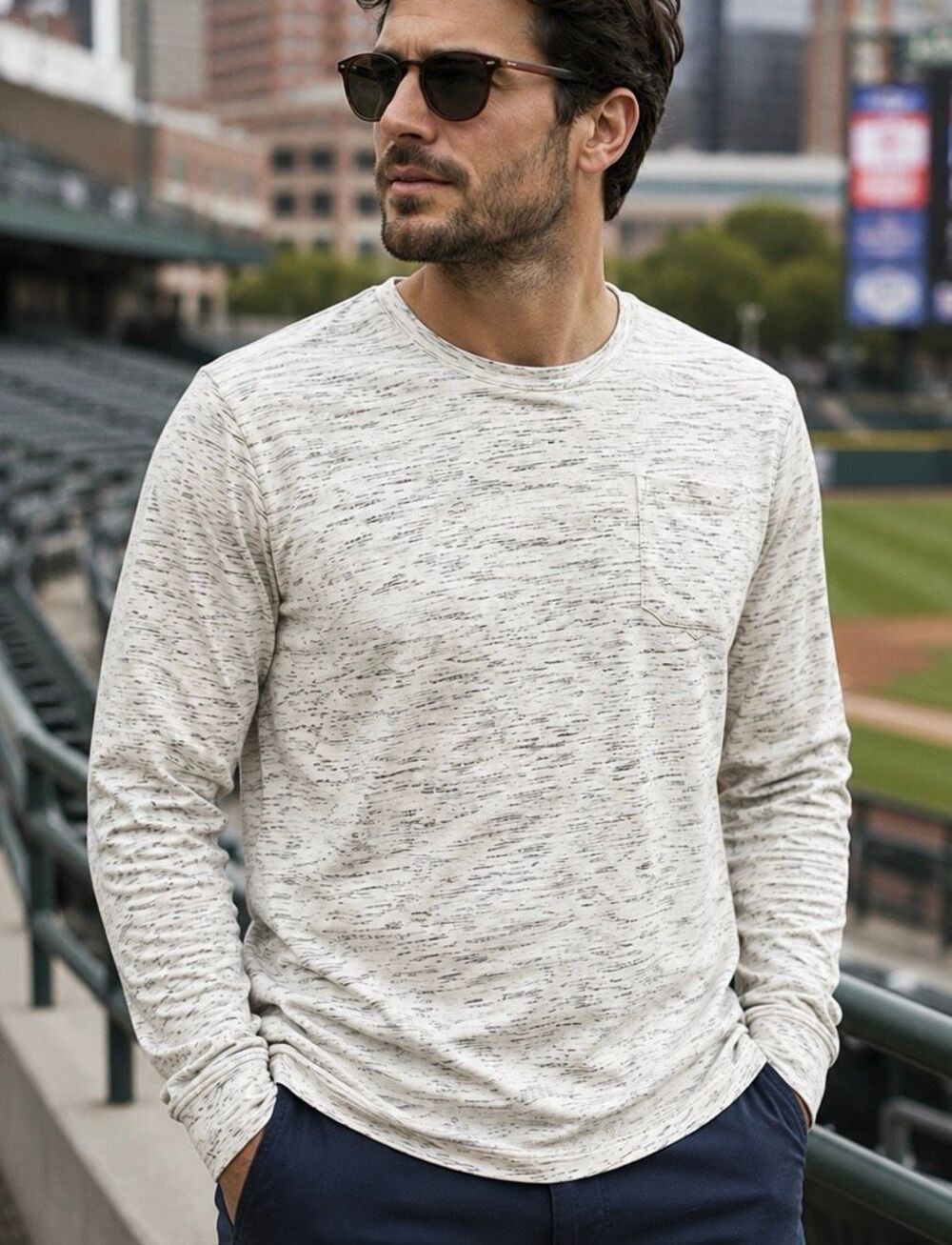 Left Field NYC Made in USA 100% Cotton Space Dye Pocket Long Sleeve Tee Large